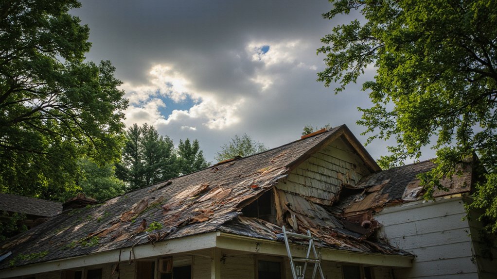 Inspecting roof for storm damage in Fairfax VA with missing shingles and granule loss