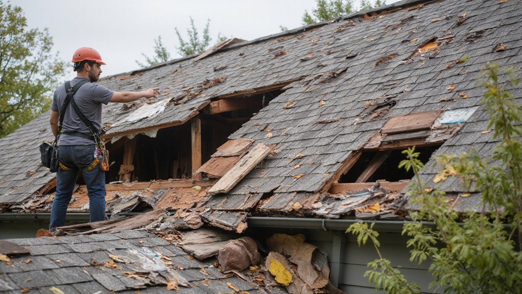 Preliminary roof inspection in Fairfax VA showing signs of storm damage and debris buildup