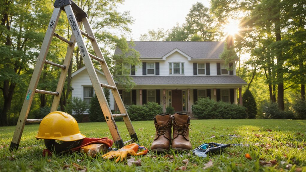 Safe roof inspection setup using ladder and safety gear after storm damage in Fairfax VA